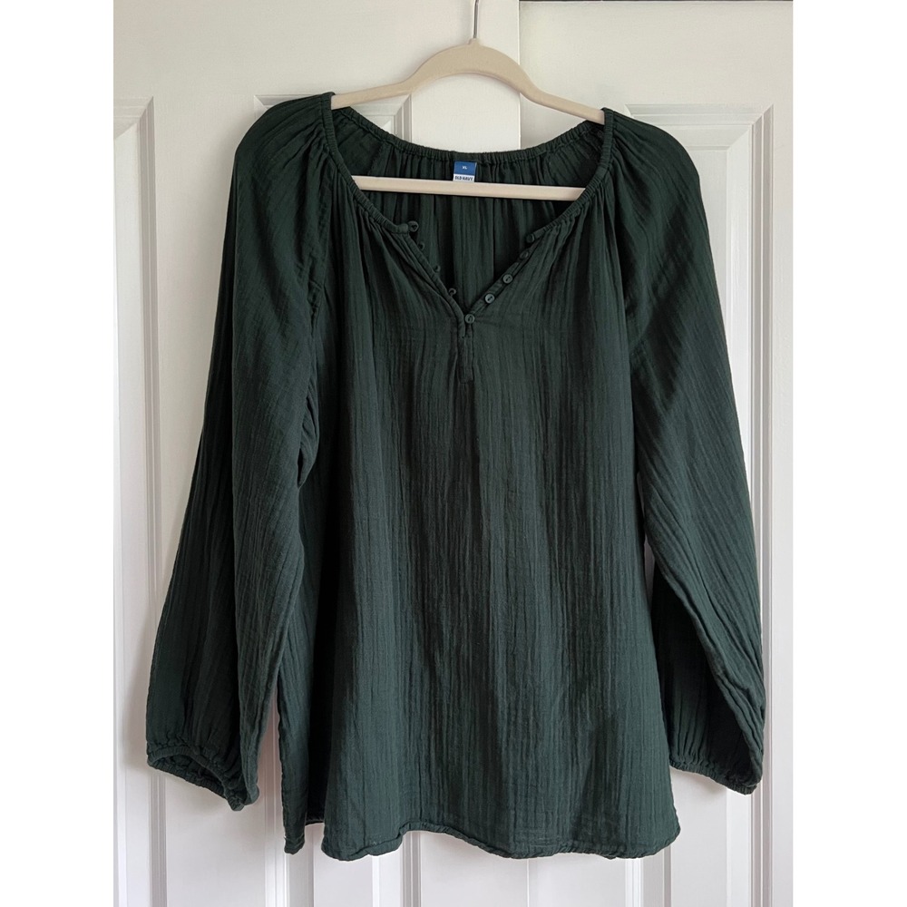 Old Navy Forest Green 100% Cotton Double Gauze Earthy Boho Peasant Blouse XL